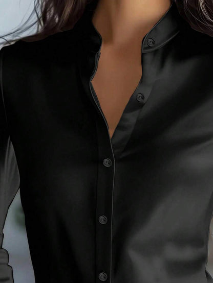 Women's Satin Button Front Long Sleeve Shirt, Silky Blouse for Work and Evening - White
