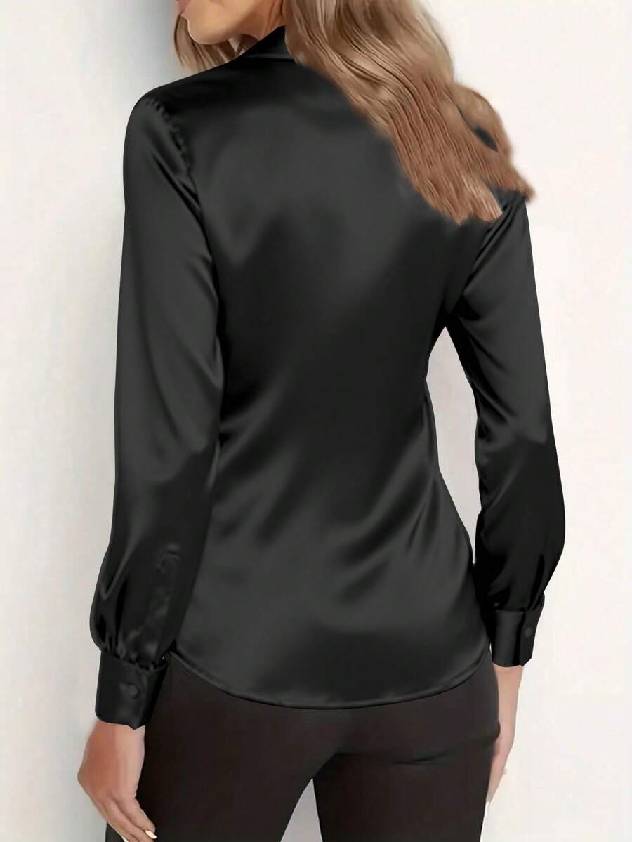 Women's Satin Button Front Long Sleeve Shirt, Silky Blouse for Work and Evening - White