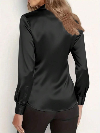 Women's Satin Button Front Long Sleeve Shirt, Silky Blouse for Work and Evening - White
