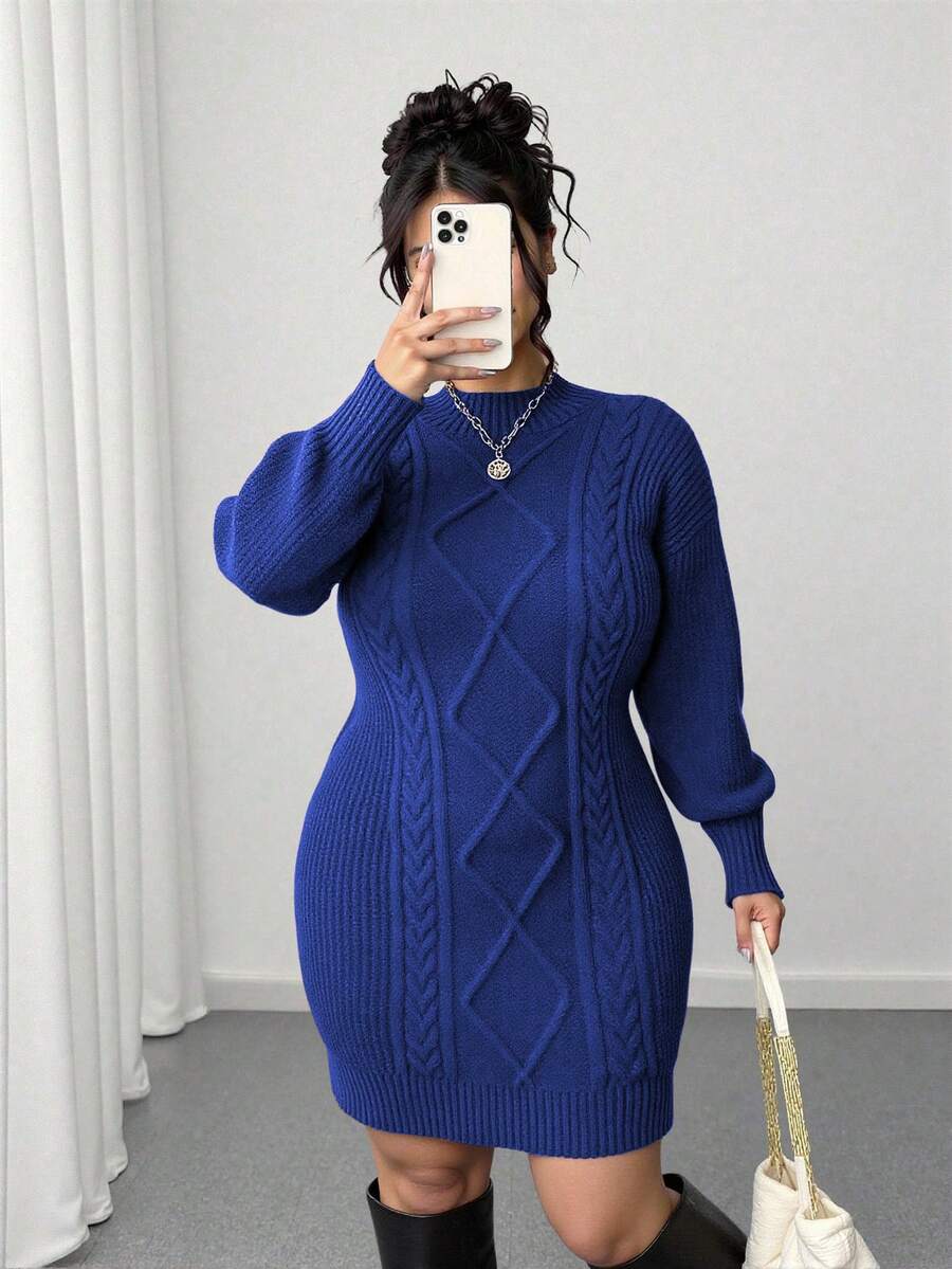 Adele Cable Knit Mock Neck Long Sleeve Mini Sweater Dress - Royal Blue