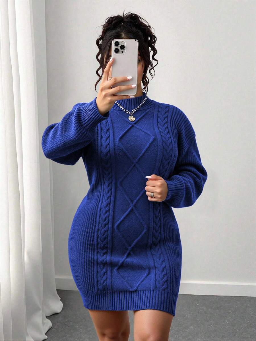 Adele Cable Knit Mock Neck Long Sleeve Mini Sweater Dress - Royal Blue