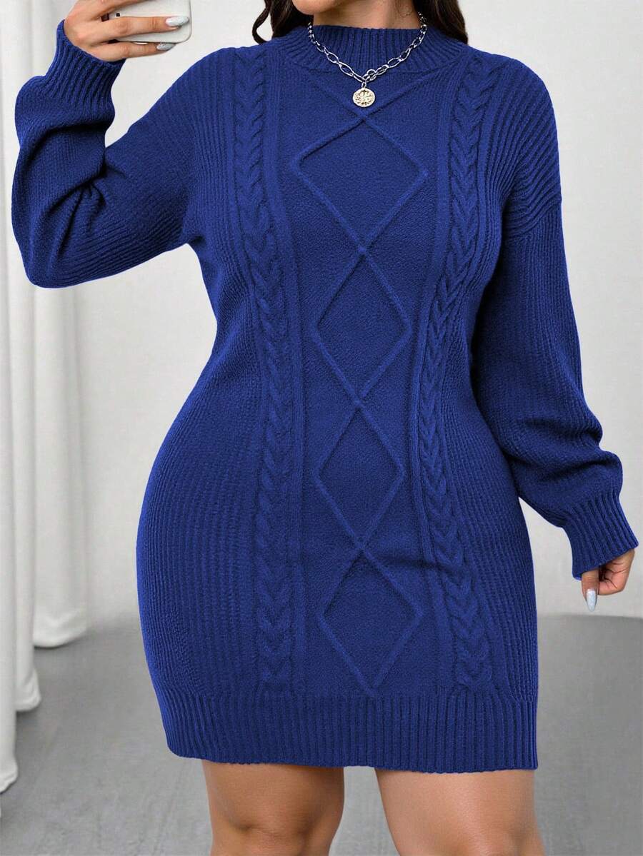Adele Cable Knit Mock Neck Long Sleeve Mini Sweater Dress - Royal Blue