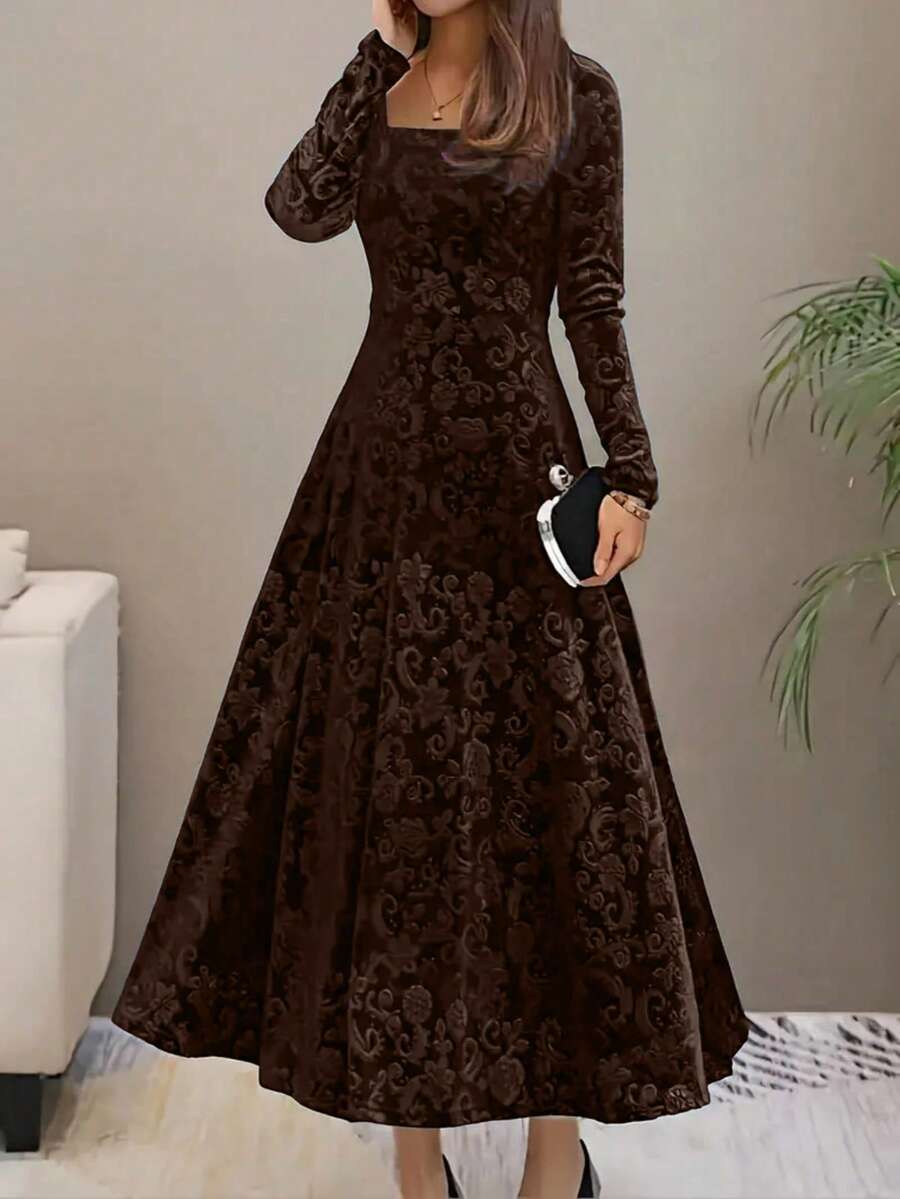 Istanbul Floral Velvet Square Neck A Line Midi Dress - Brown