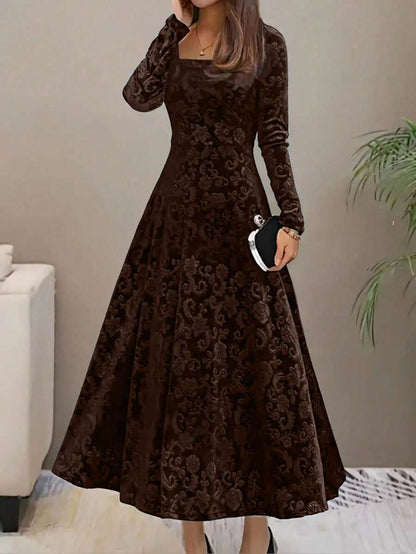 Istanbul Floral Velvet Square Neck A Line Midi Dress - Brown