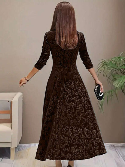Istanbul Floral Velvet Square Neck A Line Midi Dress