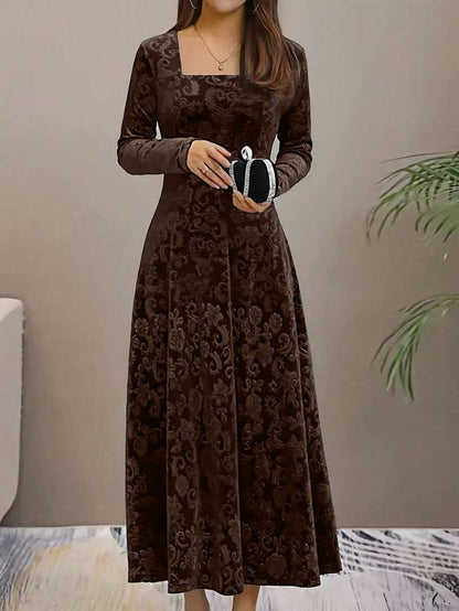 Istanbul Floral Velvet Square Neck A Line Midi Dress