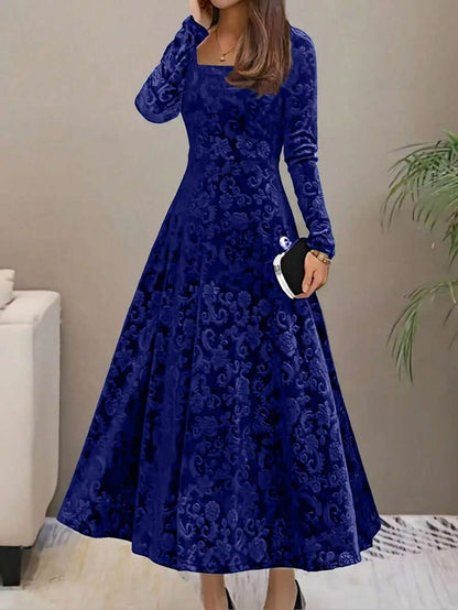 Istanbul Floral Velvet Square Neck A Line Midi Dress - Royal Blue