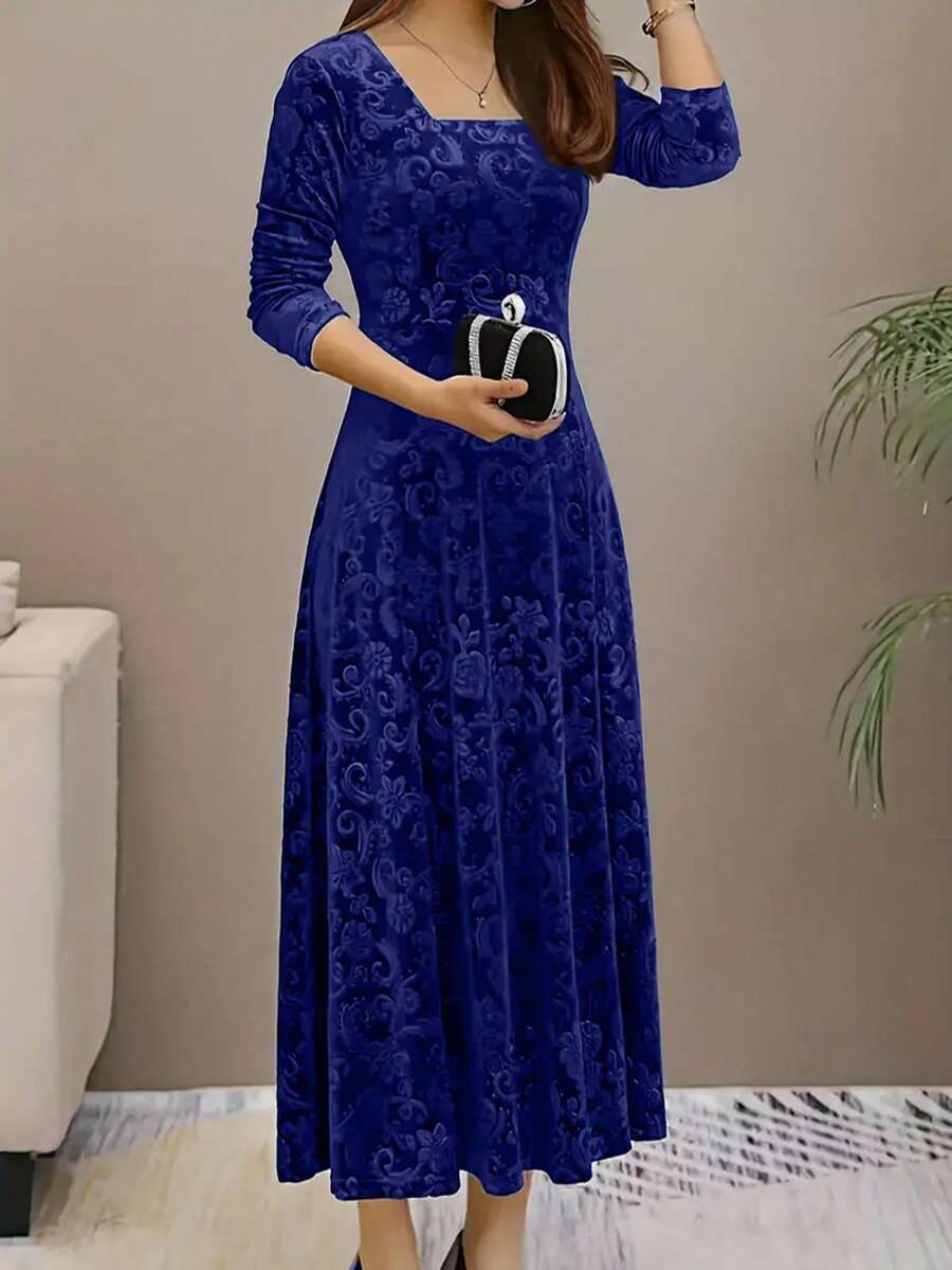 Istanbul Floral Velvet Square Neck A Line Midi Dress