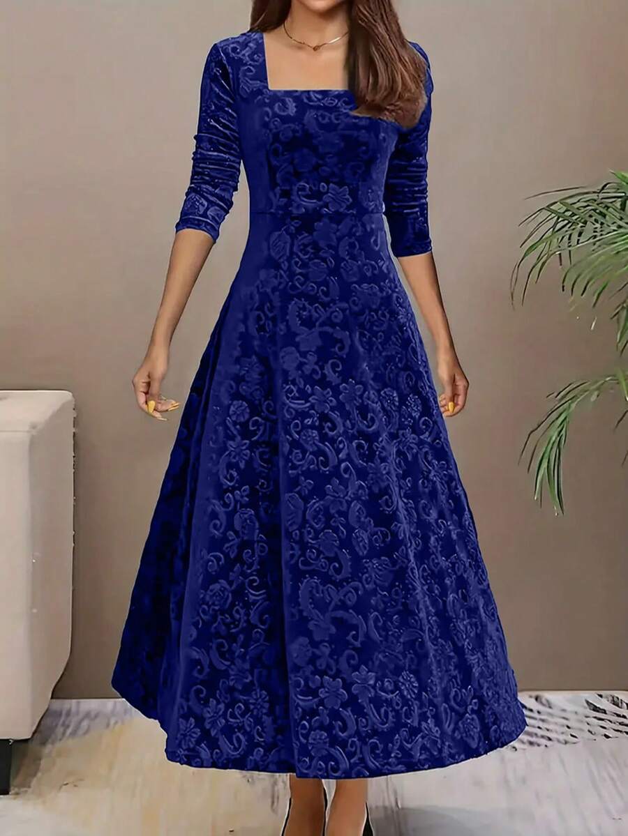 Istanbul Floral Velvet Square Neck A Line Midi Dress