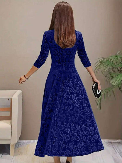 Istanbul Floral Velvet Square Neck A Line Midi Dress