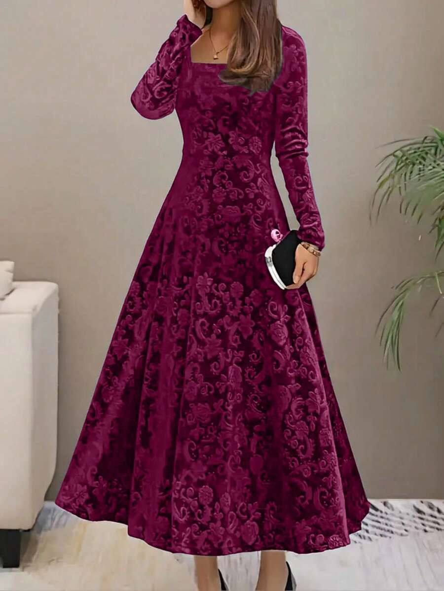 Istanbul Floral Velvet Square Neck A Line Midi Dress - Red Violet