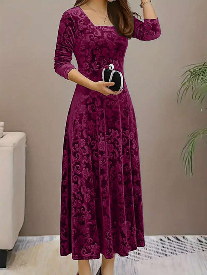 Istanbul Floral Velvet Square Neck A Line Midi Dress