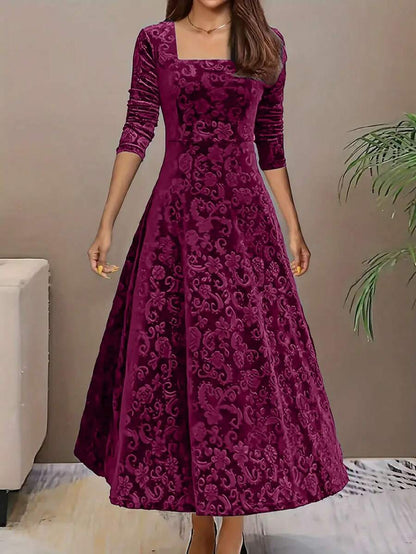 Istanbul Floral Velvet Square Neck A Line Midi Dress