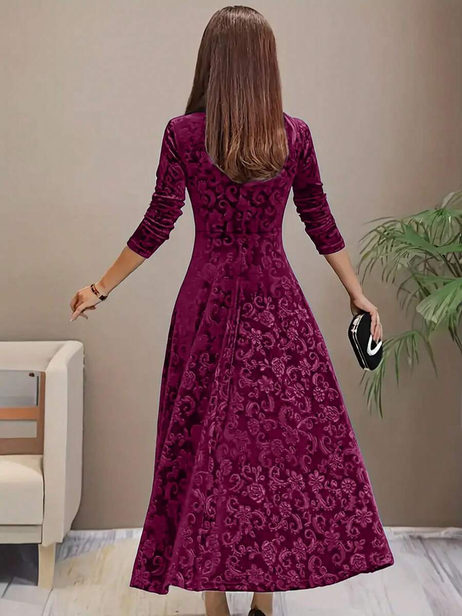 Istanbul Floral Velvet Square Neck A Line Midi Dress