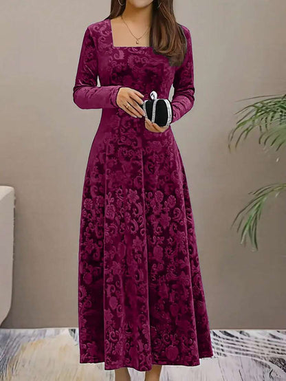 Istanbul Floral Velvet Square Neck A Line Midi Dress