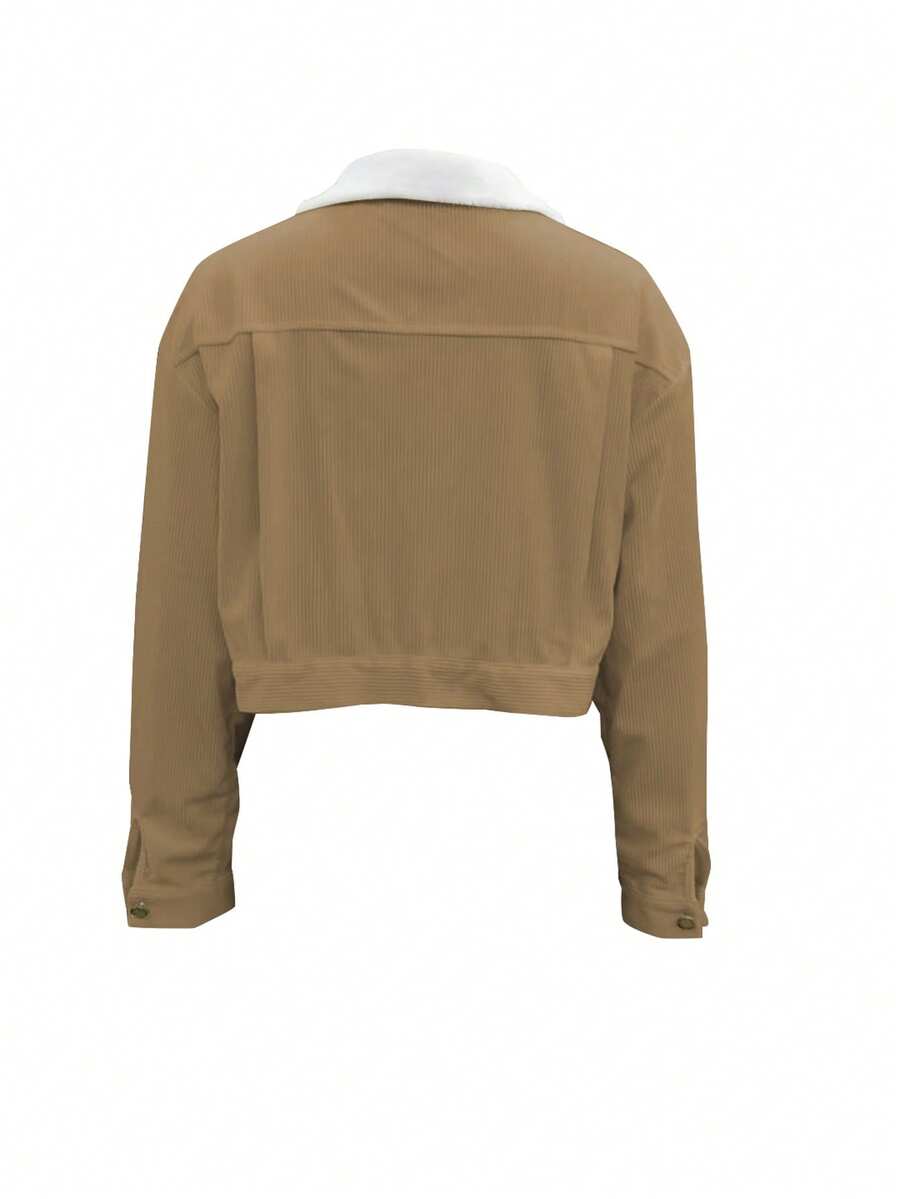 Marisol Fleece Lined Corduroy Jacket with Button Front - Khaki