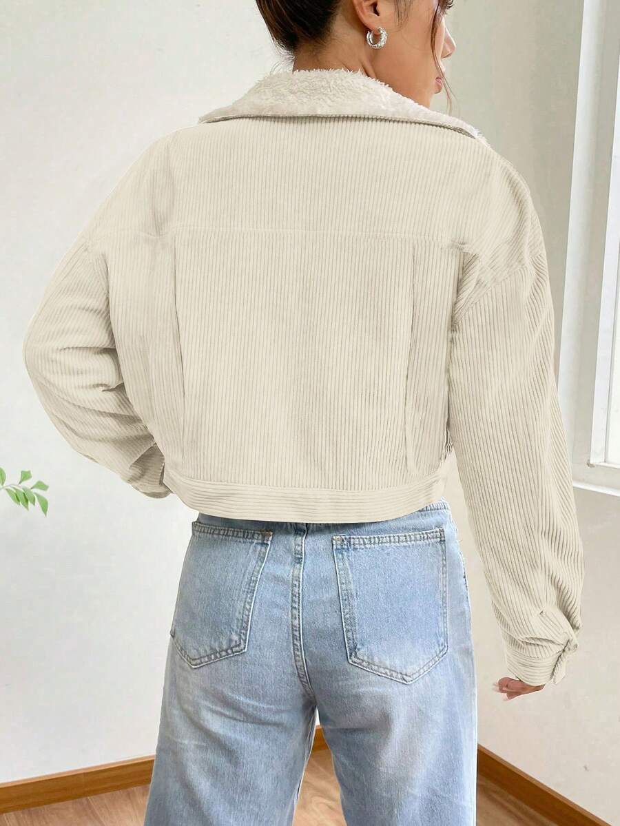 Marisol Fleece Lined Corduroy Jacket with Button Front - Cream