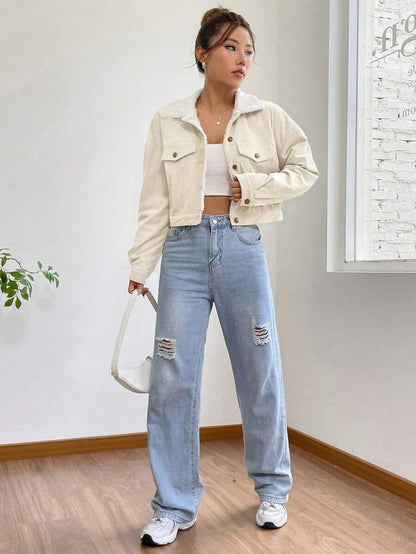 Marisol Fleece Lined Corduroy Jacket with Button Front - Cream