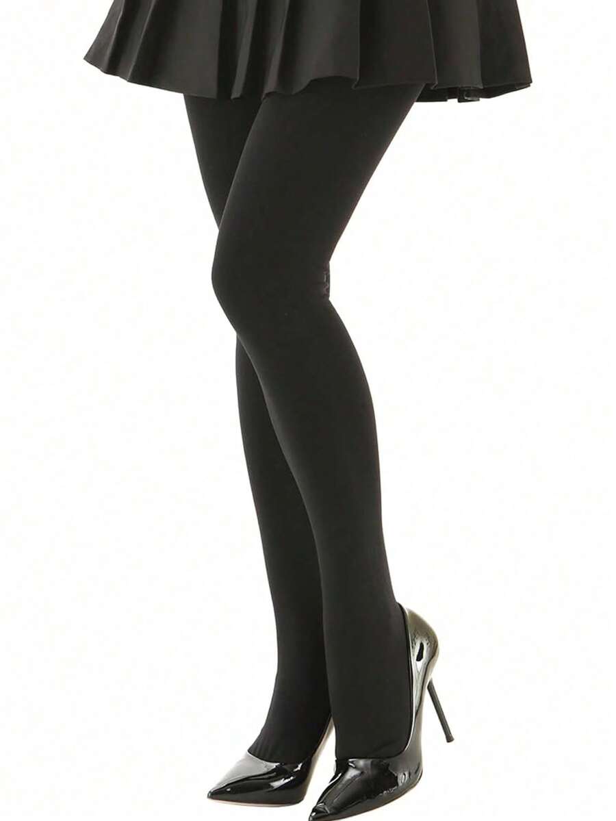 Elara Fleece Lined Leggings Sheer Look Footed Thermal Tights - Black