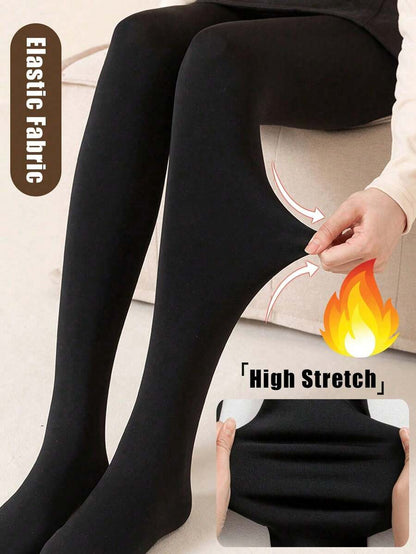 Elara Fleece Lined Leggings Sheer Look Footed Thermal Tights - Black
