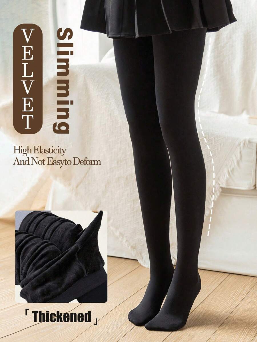Elara Fleece Lined Leggings Sheer Look Footed Thermal Tights - Black