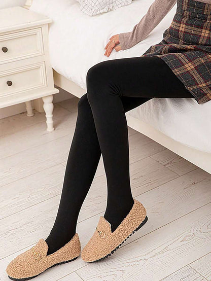 Elara Fleece Lined Leggings Sheer Look Footed Thermal Tights - Black