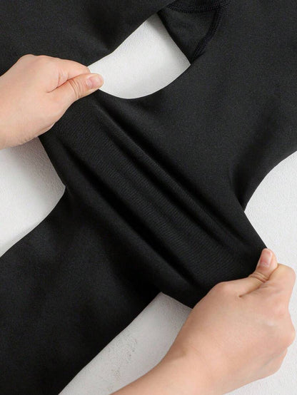 Elara Fleece Lined Leggings Sheer Look Footed Thermal Tights - Black