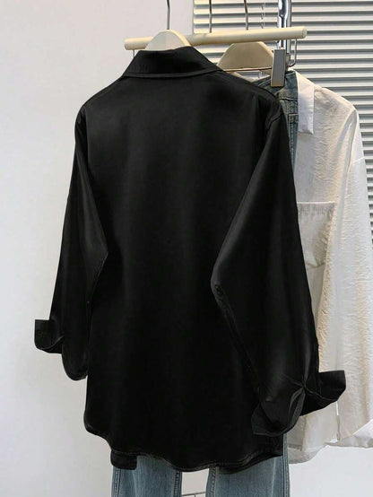 Women's Satin Button Down Shirt, Collared Long Sleeve Silky Blouse for Work and Evening - Army Green