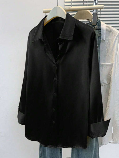 Women's Satin Button Down Shirt, Collared Long Sleeve Silky Blouse for Work and Evening - White