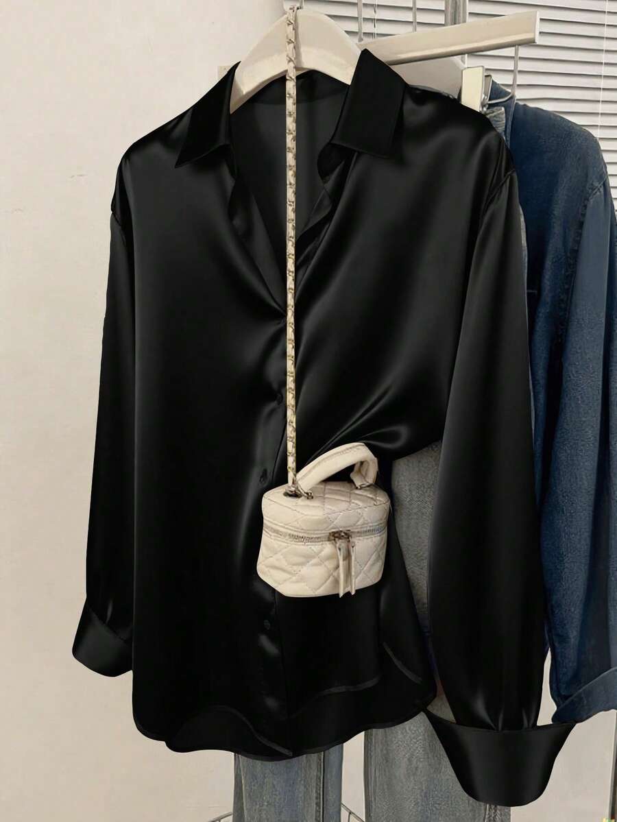 Women's Satin Button Down Shirt, Collared Long Sleeve Silky Blouse for Work and Evening - Blue