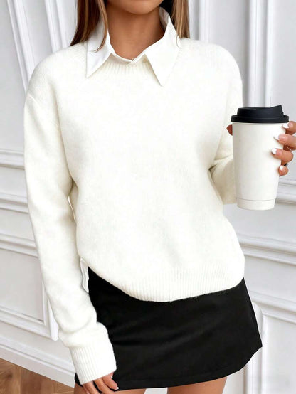 Women's Crew Neck Ribbed Knit Sweater, Fitted Pullover for Fall Winter - Black