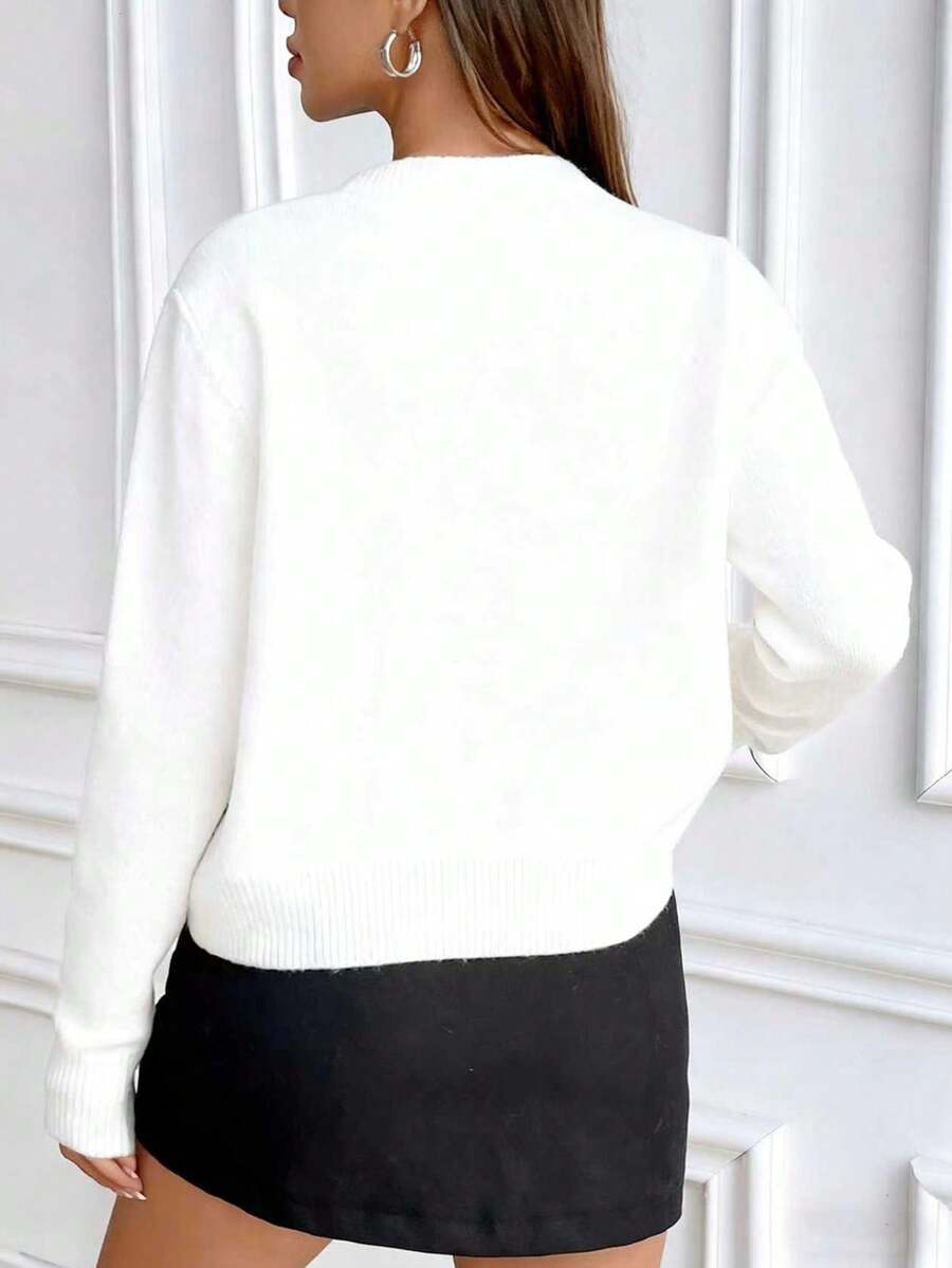 Women's Crew Neck Ribbed Knit Sweater, Fitted Pullover for Fall Winter - White