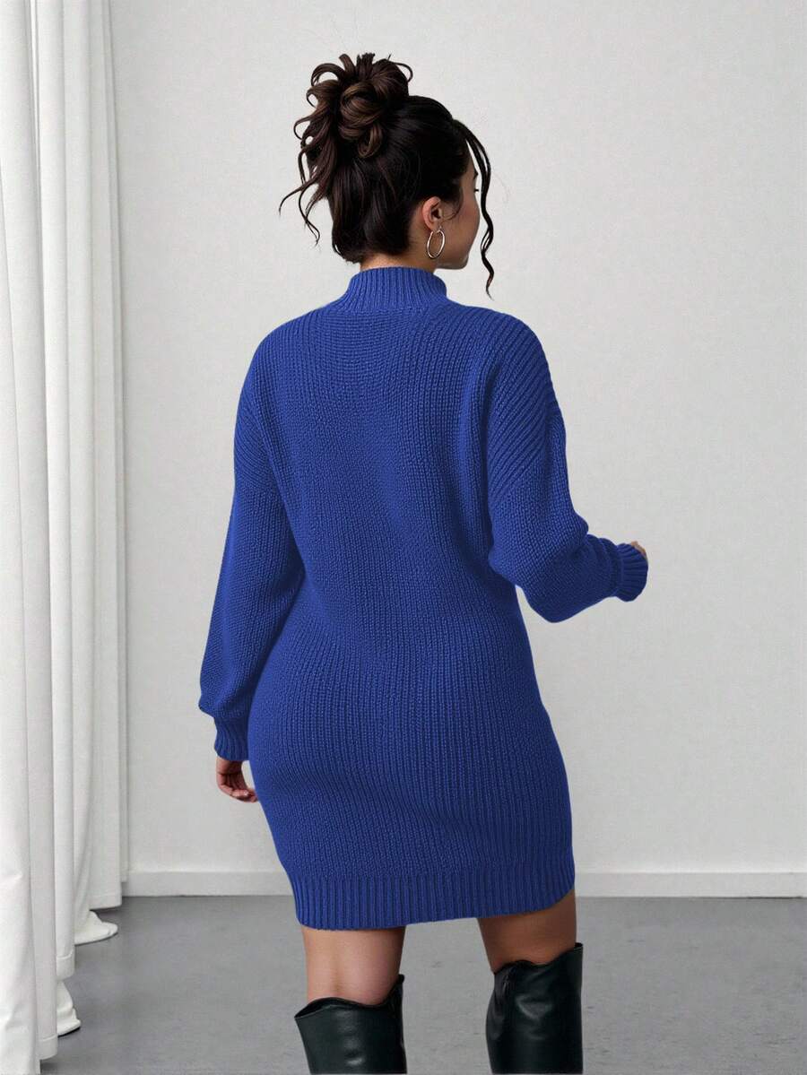 Adele Cable Knit Mock Neck Long Sleeve Mini Sweater Dress - Royal Blue