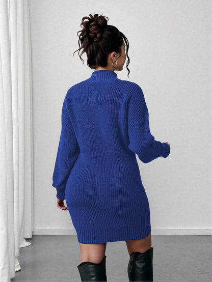 Adele Cable Knit Mock Neck Long Sleeve Mini Sweater Dress - Royal Blue
