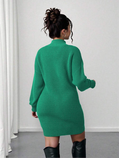 Adele Cable Knit Mock Neck Long Sleeve Mini Sweater Dress - Green