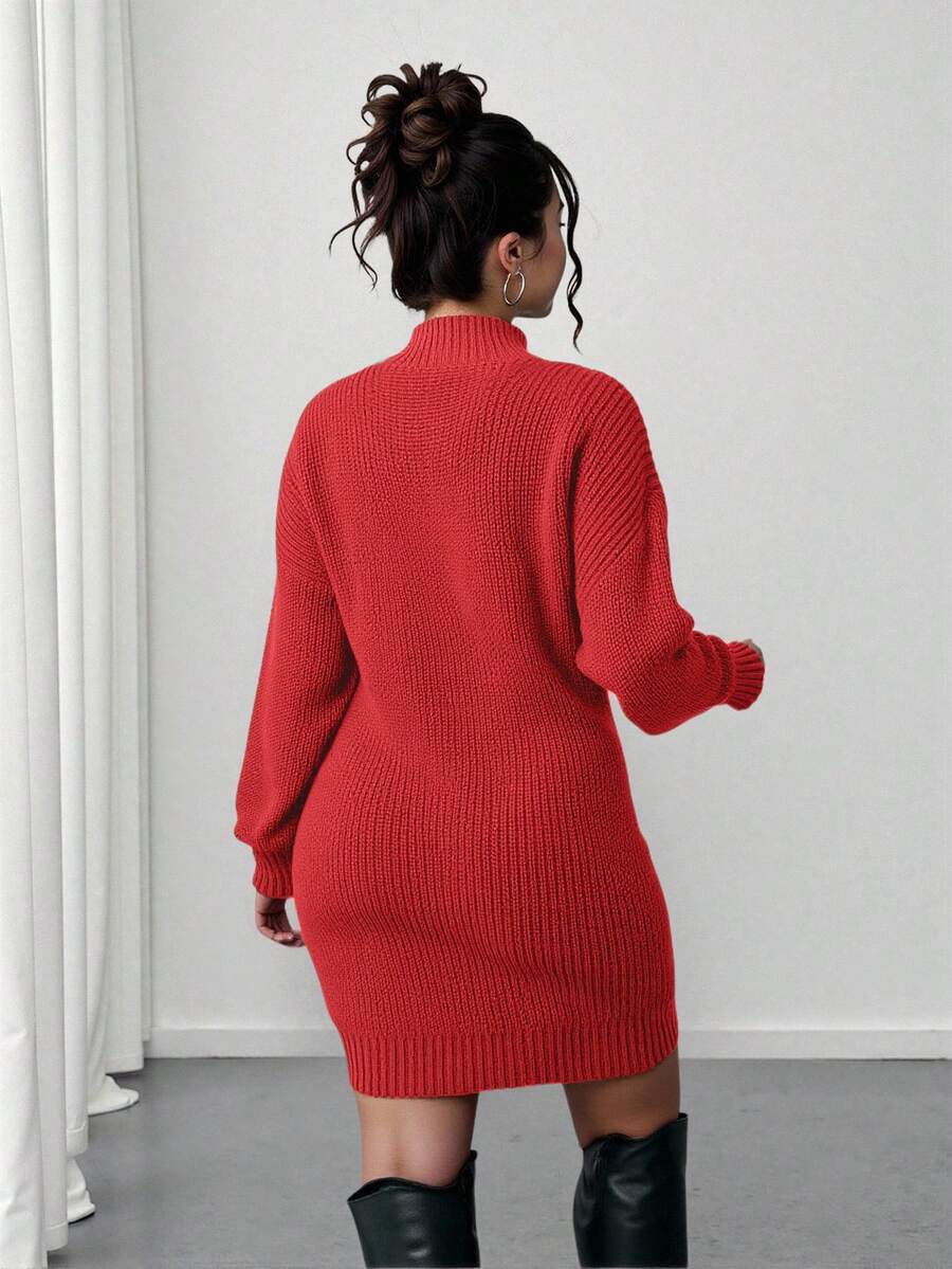 Adele Cable Knit Mock Neck Long Sleeve Mini Sweater Dress - Red