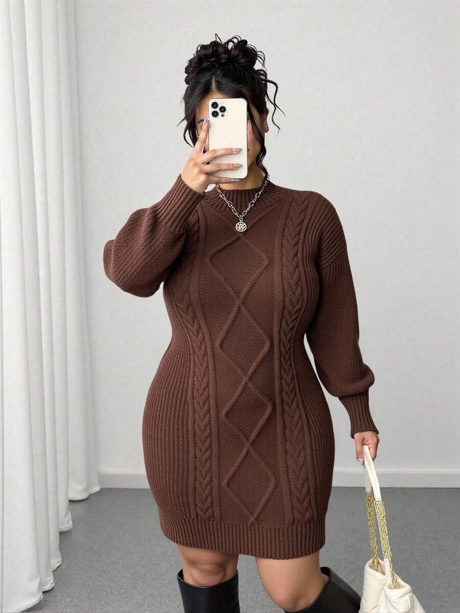 Adele Cable Knit Mock Neck Long Sleeve Mini Sweater Dress - Coffee Brown
