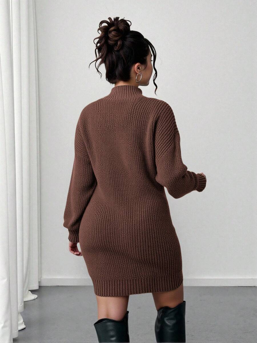 Adele Cable Knit Mock Neck Long Sleeve Mini Sweater Dress - Coffee Brown