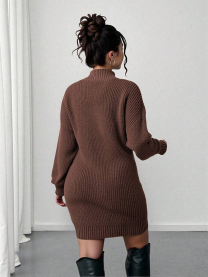 Adele Cable Knit Mock Neck Long Sleeve Mini Sweater Dress - Coffee Brown