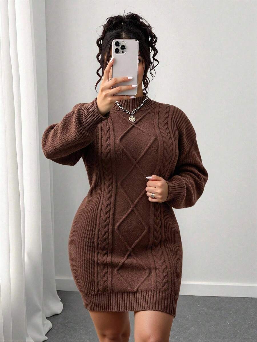 Adele Cable Knit Mock Neck Long Sleeve Mini Sweater Dress - Coffee Brown