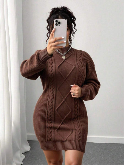 Adele Cable Knit Mock Neck Long Sleeve Mini Sweater Dress - Coffee Brown