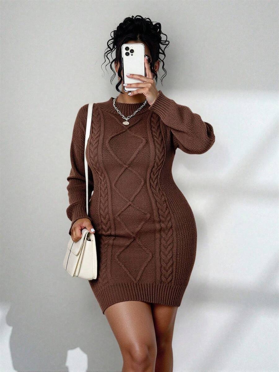 Adele Cable Knit Mock Neck Long Sleeve Mini Sweater Dress - Coffee Brown