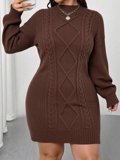 Adele Cable Knit Mock Neck Long Sleeve Mini Sweater Dress - Coffee Brown