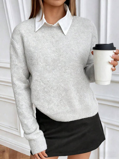 Women's Crew Neck Ribbed Knit Sweater, Fitted Pullover for Fall Winter - Brown