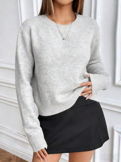 Women's Crew Neck Ribbed Knit Sweater, Fitted Pullover for Fall Winter - Dark Grey