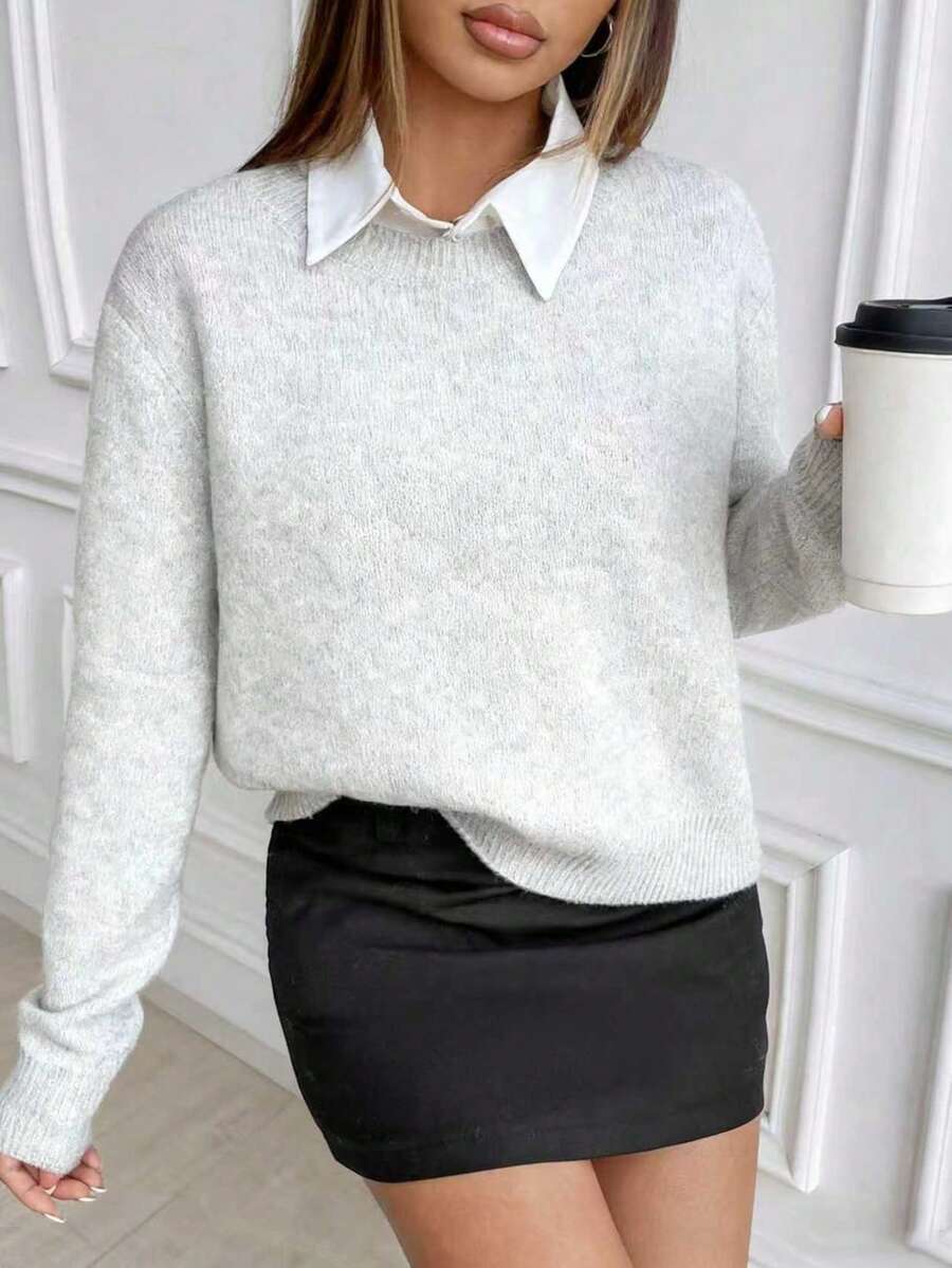 Women's Crew Neck Ribbed Knit Sweater, Fitted Pullover for Fall Winter - Coffee Brown