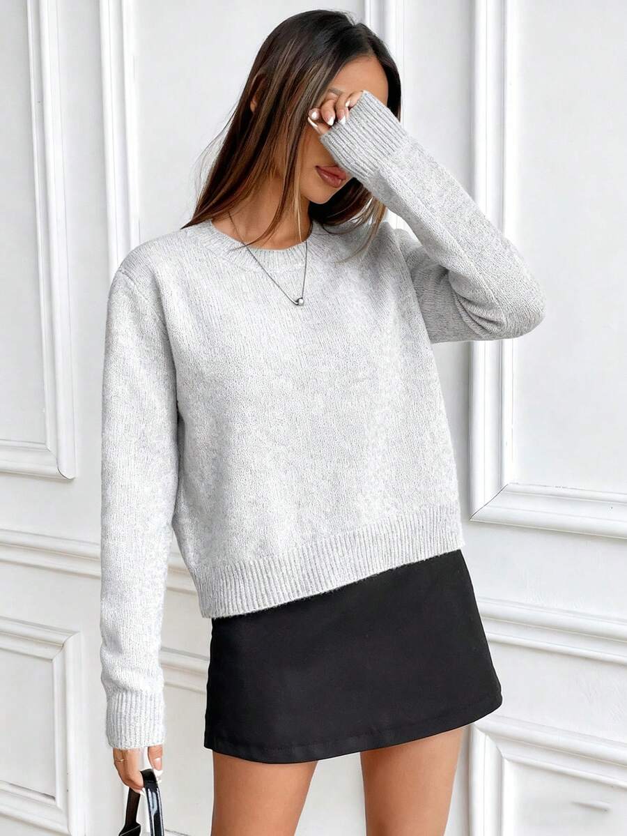 Women's Crew Neck Ribbed Knit Sweater, Fitted Pullover for Fall Winter - Navy Blue