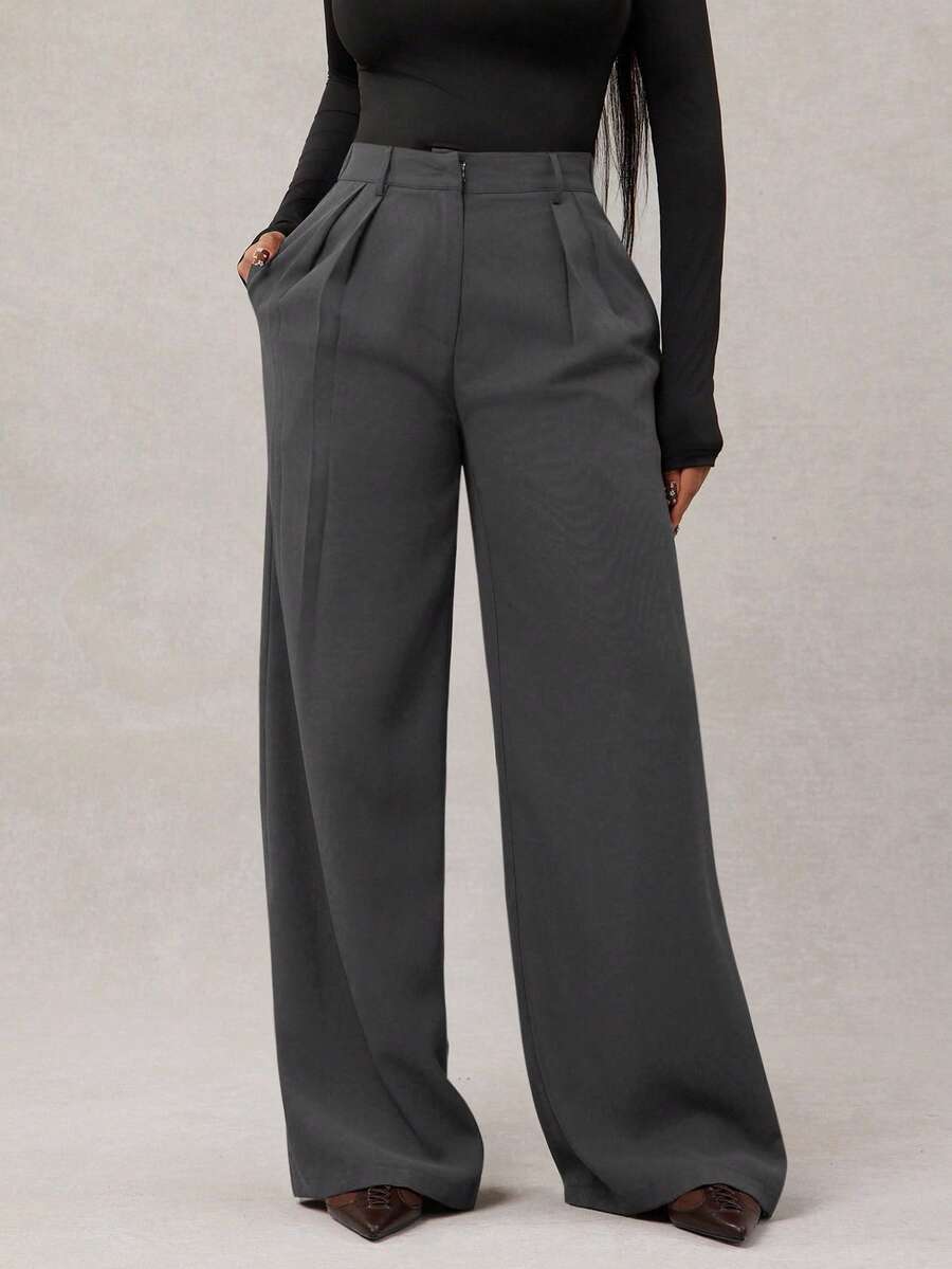 Theodora High Waist Pleated Oversized Wide Leg Suit Trousers - Grey
