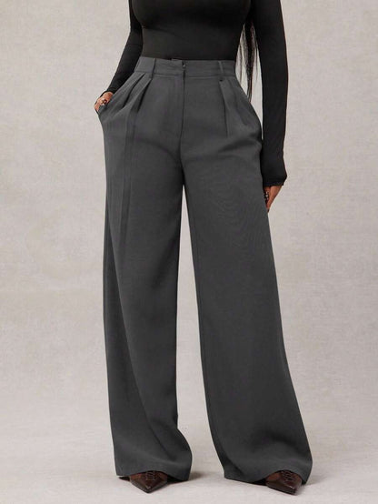 Theodora High Waist Pleated Oversized Wide Leg Suit Trousers - Grey