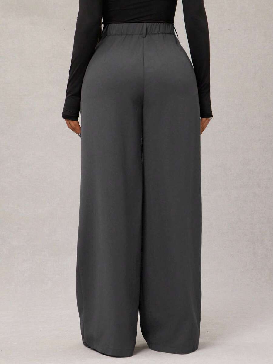 Theodora High Waist Pleated Oversized Wide Leg Suit Trousers - Grey